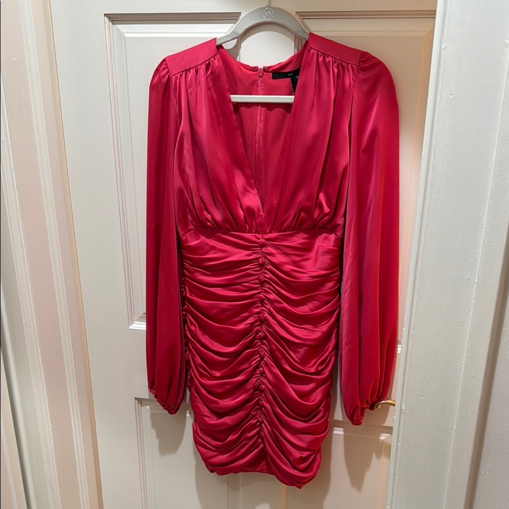 JAYGODFREY Pink Ruched Bodycon Dress with Bishop Sleeves